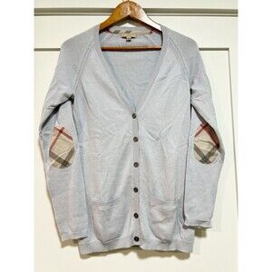 Burberry Brit check elbow patch cashmere and cotton blue cardigan Sweater size M